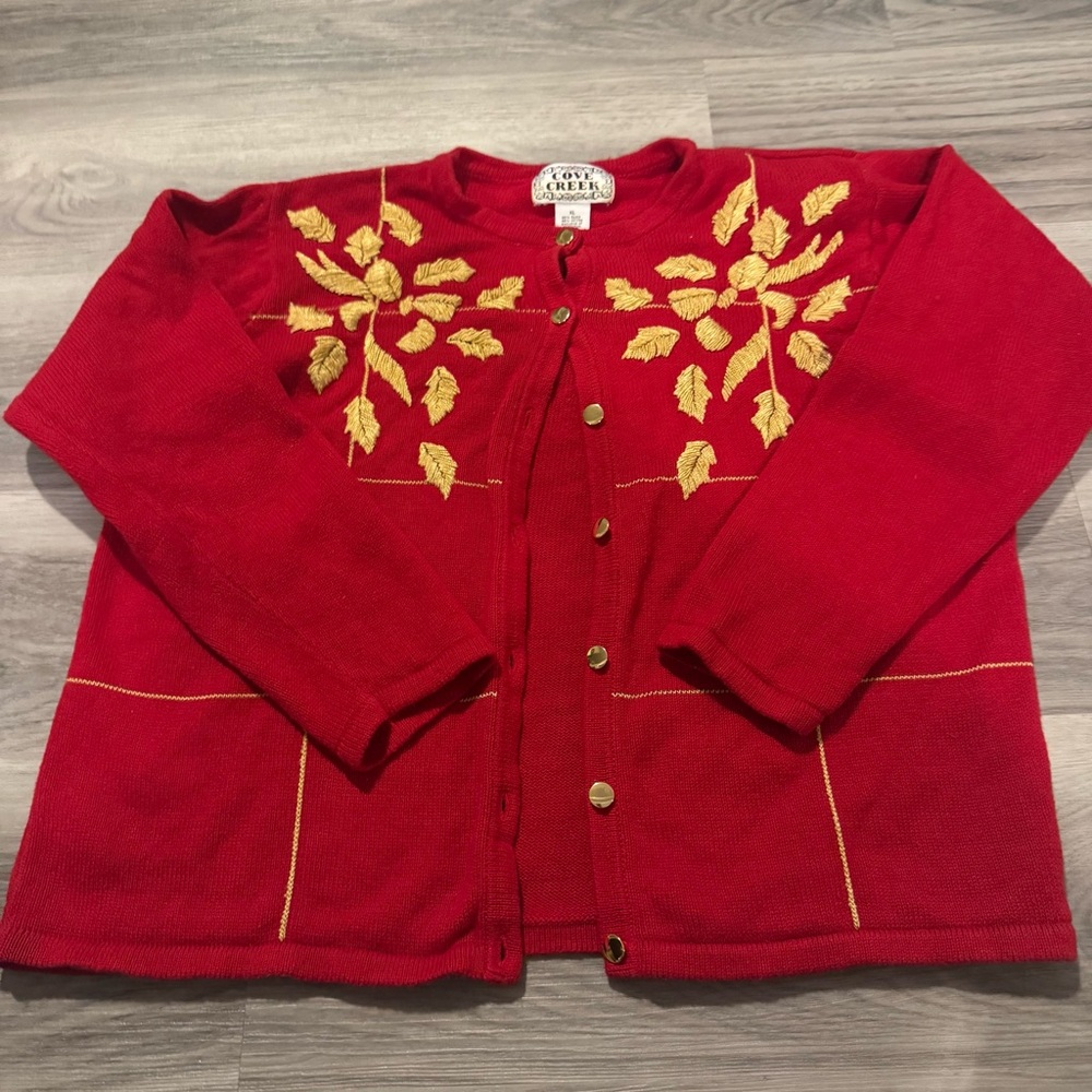 Vintage Cove Creek XL Red knit Cardigan With Embroidered Gold Leaves Gold Button